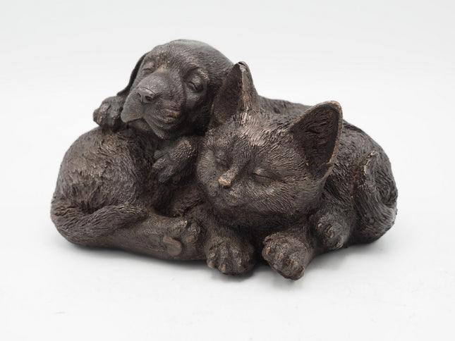 Bronzen beeld Hond en kat 12x15x19cm