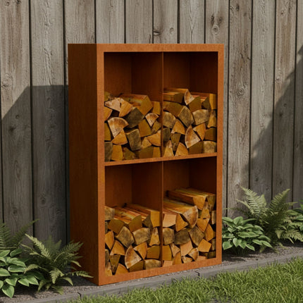 Cortenstalen houtopslag met 4 Vakken met achterwand 100x38,5x150 cm