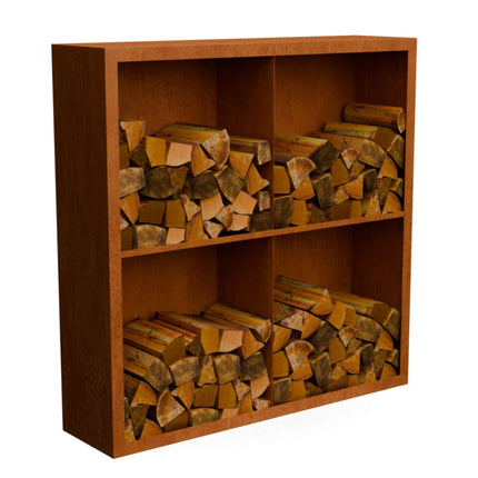 Cortenstalen houtopslag met 4 Vakken met achterwand 150x38,5x150 cm