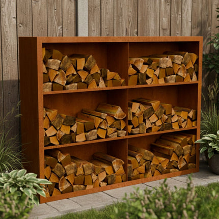 Cortenstalen houtopslag met 6 Vakken met achterwand 200x38,5x150 cm