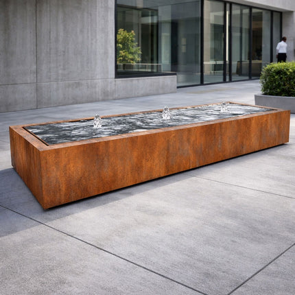 Langwerpige cortenstaal watertafel met fonteinen 300x80x40cm 200kg