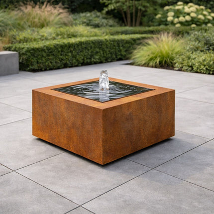 Vierkante cortenstalen watertafel met fontein 60x60x40cm 30kg