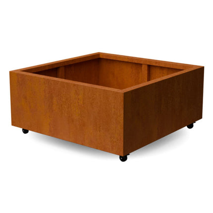 Vierkante cortenstalen plantenbak met wielen 100x100x40 cm