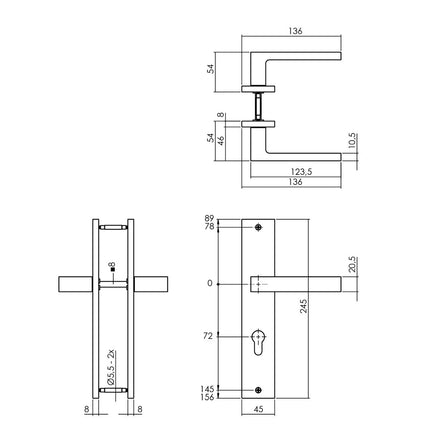 Intersteel Deurkruk Hera op schild 245x45 mm profielcilindergat 72 mm messing titaan PVD - Doika - Deurkrukken op schild - Intersteel - 8714186558102 - 13,174,436