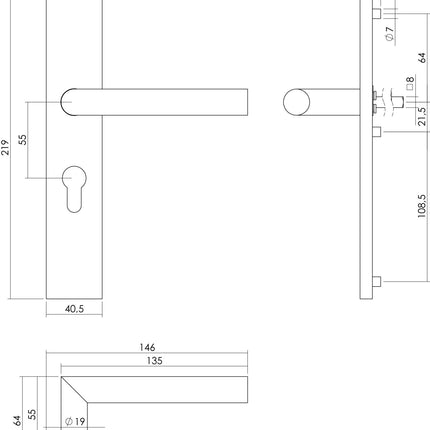 Intersteel Deurkruk Hoek 90° op rechthoekig schild profielcilindergat 55 mm rvs geborsteld - Doika - Deurkrukken op schild - Intersteel - 8714186186978 - 35,130,729