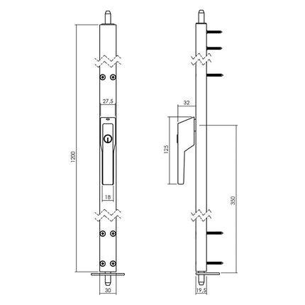 Intersteel Raamespagnolet afsluitbaar Links 1200mm met uitwisselbare cilinder aluminium - Doika - Raamespagnoletten - Intersteel - 8718419305099 - SI - 1428 - 12A - 71L