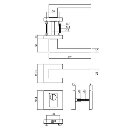 Intersteel Set achterdeurbeslag Amsterdam op vierkante massieve rozet SKG*** met kerntrekbeveiliging rvs zwart - Doika - Achterdeurbeslag op rozet - Intersteel - 8714186571149 - 23,405,727