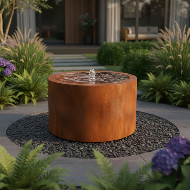 Ronde cortenstalen watertafel met fontein 100x70cm 98kg - Doika - Watertafel - Geroba -  - TaulaRCA2