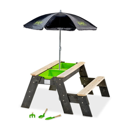 EXIT Aksent zand-, water- en picknicktafel (1 bankje) met parasol en tuingereedschap - Doika BV - Zand- en watertafels - EXIT Toys - 8718469468911 - 52.05.08.45